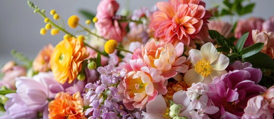 The skilled florist meticulously crafts a foam-free floral centerpiece in a vibrant spring palette, carefully arranging blossoms in an artful display of nature's beauty.