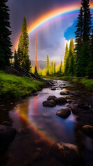 Fototapeta na wymiar The Majestic Beauty of Nature: Focal Point End of the Rainbow Over a Tranquil River and Wild Forest