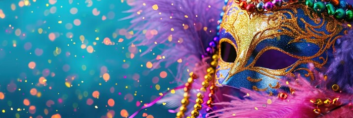 Mardi Gras mask and beads for carnival holiday celebration to begin Catholic Lent - obrazy, fototapety, plakaty