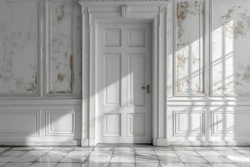 Classic white interior with wooden floor and door - obrazy, fototapety, plakaty