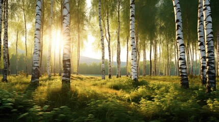birch tree forest bathed in morning light.