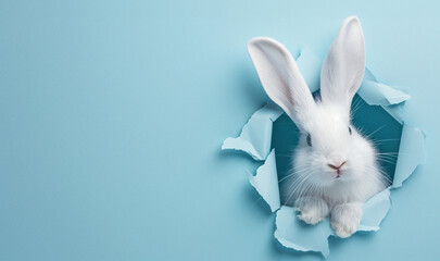 white fluffy rabbit popped out of a hole in the paper background, Easter greeting