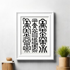 Modern home decor featuring an abstract tribal art framed piece mockup with indoor plants on the wall.
