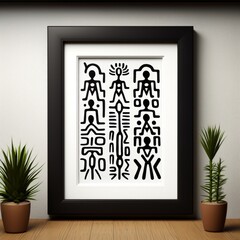 Modern home decor featuring an abstract tribal art framed piece mockup with indoor plants on hardwood floor.
