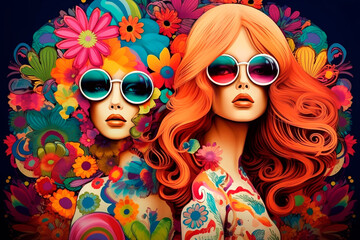 Portrait of two glamorous ladies in psychedelic style. - obrazy, fototapety, plakaty