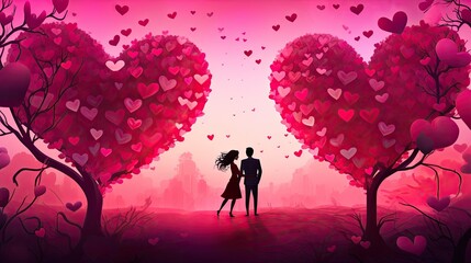 Create a romantic Valentine's Day background with vibrant colors, heartwarming imagery, and elements that evoke love and celebration. Design for cards, social media, or decorations, inspiring joy and 
