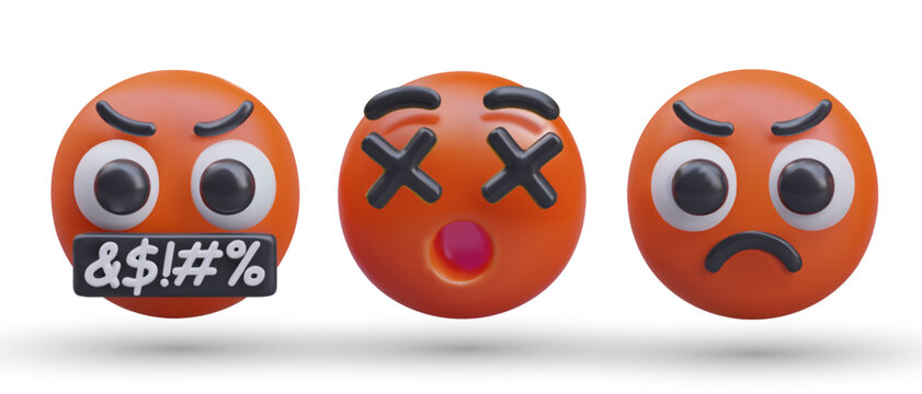Set of red rage emoticons. Angry 3D vector faces. Obscene language, deadly furious, irritation. Symbols over mouth. Isolated icons for web communication