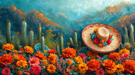 Mexican cactus sombrero hat and Cinco de Mayo colorful text space background
