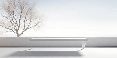 Minimal white wooden table with tree shadow backdrop, ideal for product presentation and display.