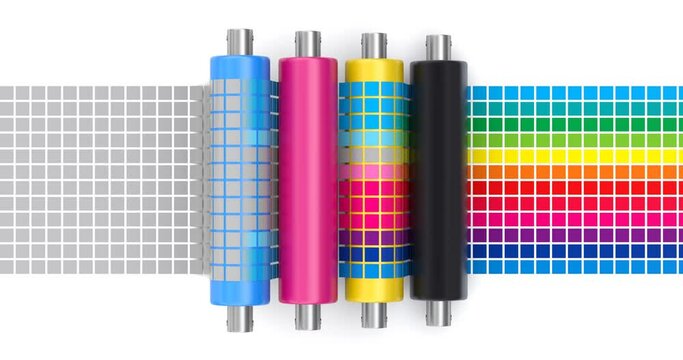CMYK printing concept process with top view of printer rollers and color chart - 3D animation seamlessly loopable