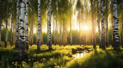 Fototapeta na wymiar birch tree forest bathed in morning light.