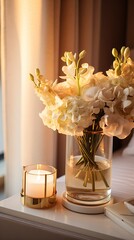Golden Hour Glow on Elegant Bedside Arrangement 