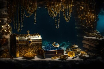 Underwater scene with a treasure chest surrounded by sparkling gold and jewels,