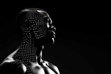 abstract illustration, head of a dark-skinned man on a black background, concept of professional sports and strength, copy space, black background