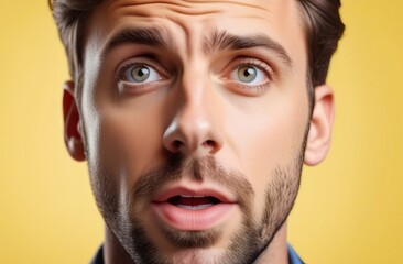 close-up portrait of a surprised young man on a yellow background