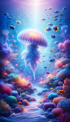 Mystical Jellyfish Gliding Through Fantasy Seascape.
Colourful jellyfish in a vibrant underwater dreamscape.