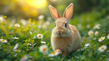 Rabbit looking over the flower garden fence