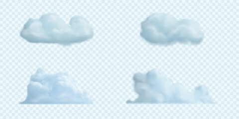 Set of realistic cotton clouds. Vector icons. Fluffy smoke isolated on light blue sky. - obrazy, fototapety, plakaty
