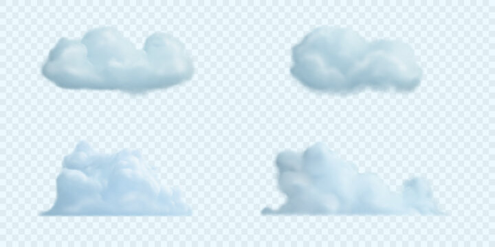 Set of realistic cotton clouds. Vector icons. Fluffy smoke isolated on light blue sky.