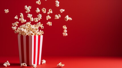 paper bag with popcorn flying around on a red background, cinema - obrazy, fototapety, plakaty