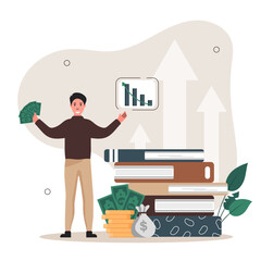 Finance growth illustration. Сharacter analyzes the growth of income from investments, celebrates his success. Money increasing concept. Vector illustration.