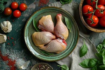 uncooked raw marinated chicken on plate - obrazy, fototapety, plakaty