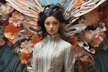 Fototapeta na wymiar Graceful Japanese model with virtual wings, symbolizing a fusion of traditional elegance and futuristic fantasy against a muted pastel canvas