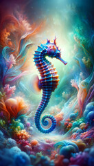 Fototapeta na wymiar A seahorse illustrated in a fantastical array of colors floats amidst a dreamlike underwater setting, embodying marine wonder.