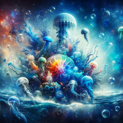 A surreal composition of jellyfish immersed in the cosmic deep sea, a symphony of underwater life in a fusion of fantasy and marine splendor.