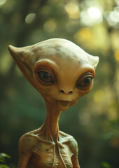 portrait of extraterrestrial ancient alien looking away against blurred green trees in forest during daytime