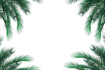 Palm branch frond. green palm leaves. Palm leaves isolated on white background. Palm branches in the corners of frame with copy space
