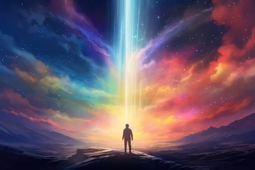 Fotobehang illustration painting of a man looking at a strange rainbow light rise in front., digital art style © ImagineDesign