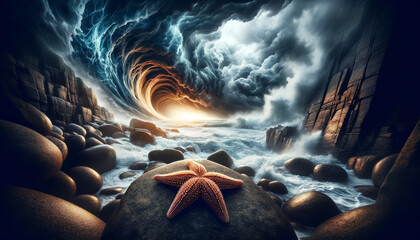 Starfish on Rocky Shore with Cosmic Sky.
Starfish amidst stones with a fantastical sky evoking cosmic wonder
