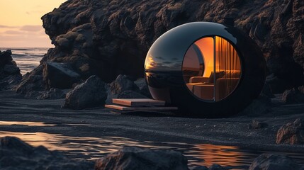 Black glossy tiny house in black desert on beach, capsule round form, evening dusk, stones, dark style