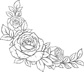 Black and white line art of elegant roses with leaves bouquet