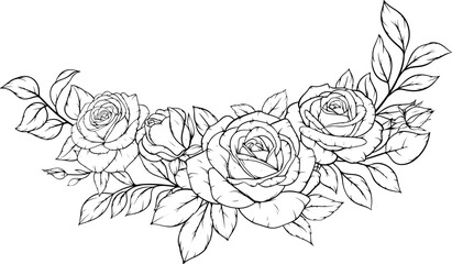 Black and white line art of elegant roses with leaves bouquet