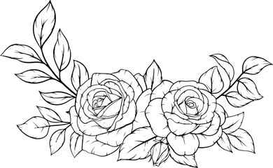 Black and white line art of elegant roses with leaves bouquet