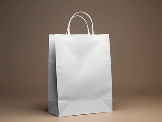 3d Mockup of a white-colored paper bag in a brown-colored room. Suitable for product design, branding, self-service, and sales promotion purposes. Created with Generative AI.