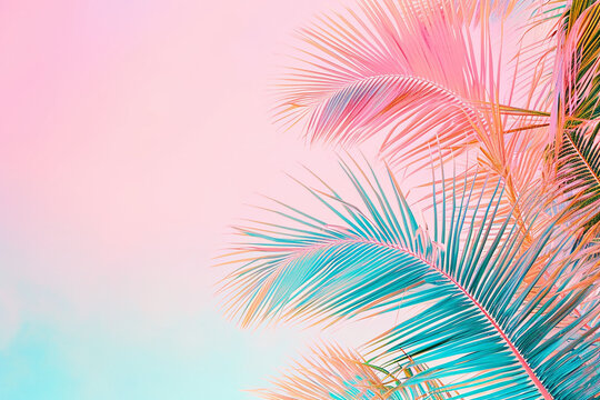 Coconut palm leaves on pastel color background - Vintage Filter Summer concept.