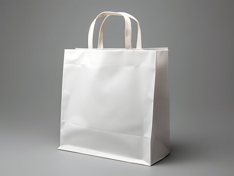 3d Mockup Paper Bag in white colour in a grey room. Created with Generative AI.