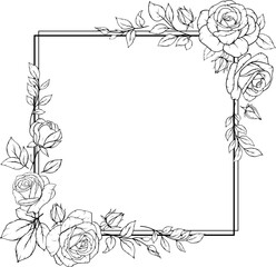 Geometric floral frame with roses line art for wedding invitations or elegant stationery.