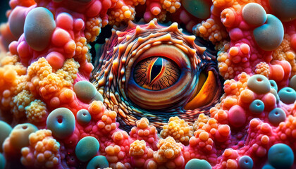 Close-up of an Octopus Eye Surrounded by Colourful Corals. A detailed view of an octopus eye surrounded by vibrant corals in its aquatic habitat. - obrazy, fototapety, plakaty