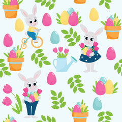 Seamless easter pattern. Easter bunnies, a boy and a girl, among greenery and flower pots with decorative eggs. Happy animals dressed in clothes.