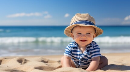 nine-month-old baby boy sitting on the beach in beautiful summer attire,