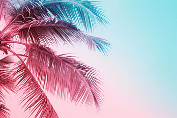 Coconut palm tree with pastel color. Pink and pale blue background. Gradient. Summer concept.
