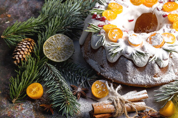 Christmas dessert. Christmas sweets on the festive table. Greeting card. Close up