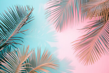 Fototapeta na wymiar Tropical palm leaves on pastel pink and blue background. Summer concept.