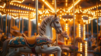 Fototapeta na wymiar charming vintage carousel adorned with intricate designs and vibrant lights, evoking a sense of nostalgia and whimsy