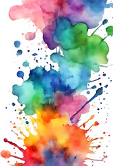 Watercolor stain splash splatter brush stroke on white background. Modern vibrant aquarelle spot. Bright colorful rainbow colors on white.