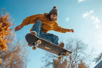A daring skateboarder defies gravity as he leaps into the sky, performing a jaw-dropping flip on his trusty board amidst the vibrant outdoor scenery